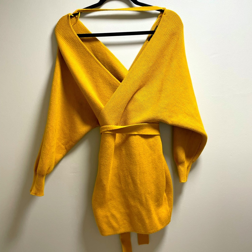 Yellow boutique sweater wrap dress. Size Small